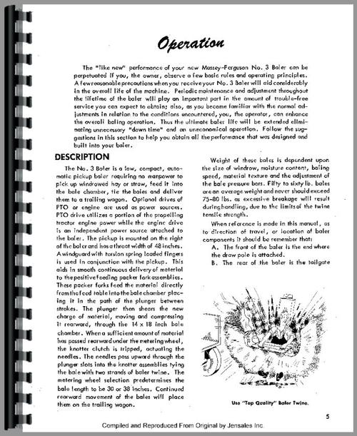 Operators Manual for Massey Ferguson 3 Baler Sample Page From Manual