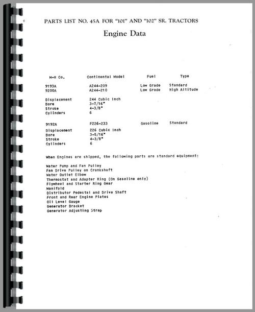 Parts Manual for Massey Harris 101 SR Tractor Sample Page From Manual