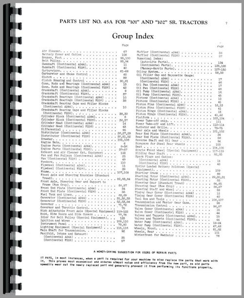 Parts Manual for Massey Harris 101 SR Tractor Sample Page From Manual