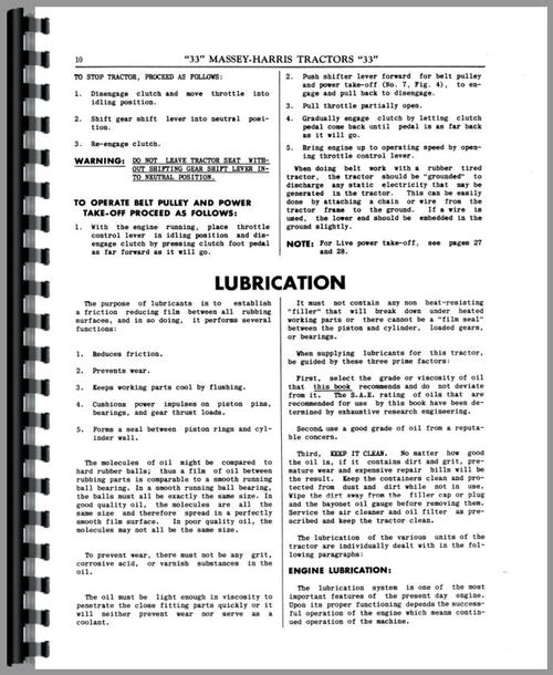 Operators Manual for Massey Harris 33 Tractor Sample Page From Manual