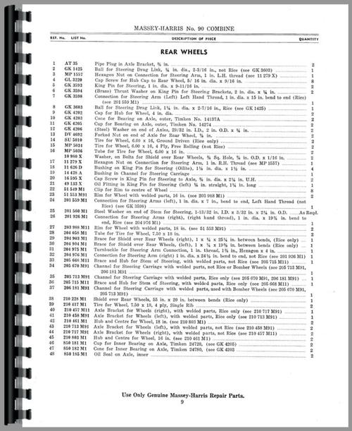 Parts Manual for Massey Harris 90 Combine Sample Page From Manual