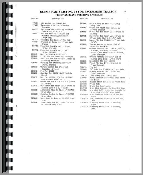 Parts Manual for Massey Harris Pacemaker Tractor Sample Page From Manual