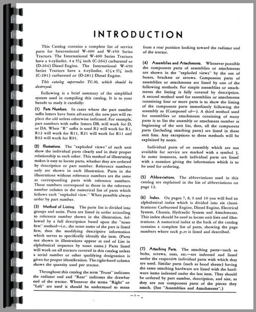 Parts Manual for Mccormick Deering W400 Tractor Sample Page From Manual