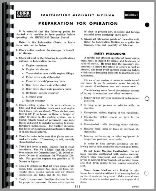 Operators Manual for Michigan 85A Wheel Loader Sample Page From Manual