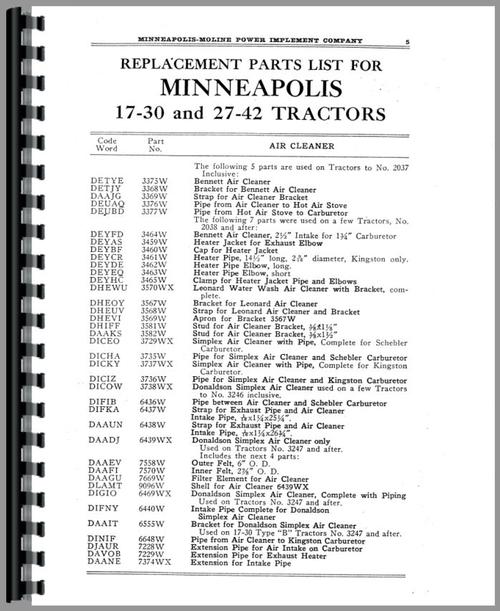 Parts Manual for Minneapolis Moline 17-30 Twin City Tractor Sample Page From Manual