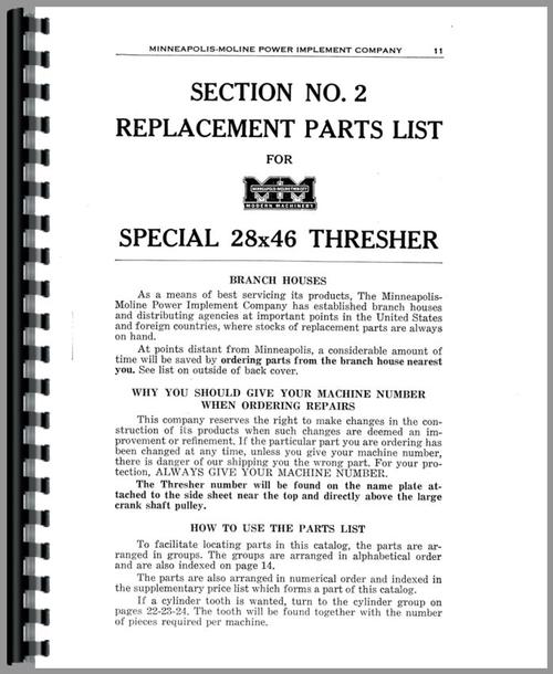Operators Manual for Minneapolis Moline 28X46 Thresher Sample Page From Manual