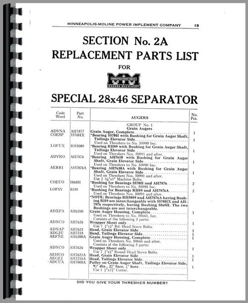 Operators Manual for Minneapolis Moline 28X46 Thresher Sample Page From Manual