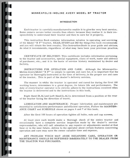 Operators Manual for Minneapolis Moline BF Tractor Sample Page From Manual