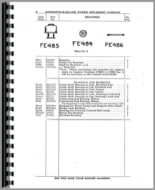 Parts Manual for Minneapolis Moline Kombination Tractor Sample Page From Manual