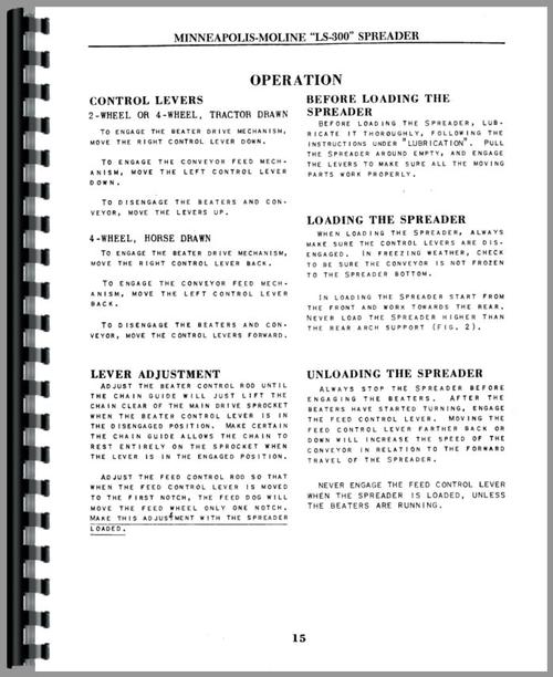 Operators Manual for Minneapolis Moline LS 300 Manure Spreader Sample Page From Manual
