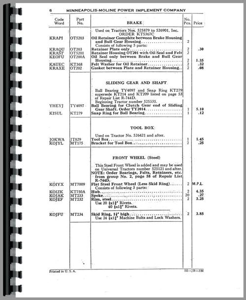 Parts Manual for Minneapolis Moline MTA Tractor Sample Page From Manual