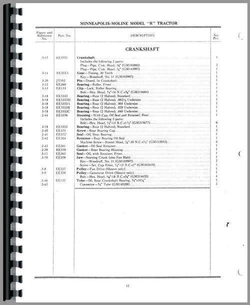 Parts Manual for Minneapolis Moline R Tractor Sample Page From Manual