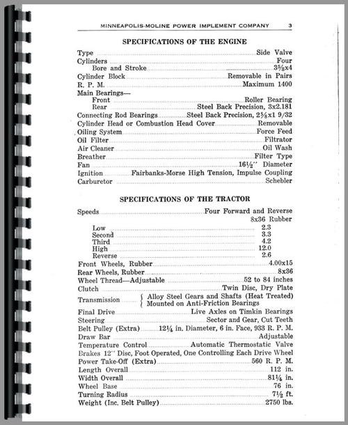 Operators Manual for Minneapolis Moline RTN Tractor Sample Page From Manual