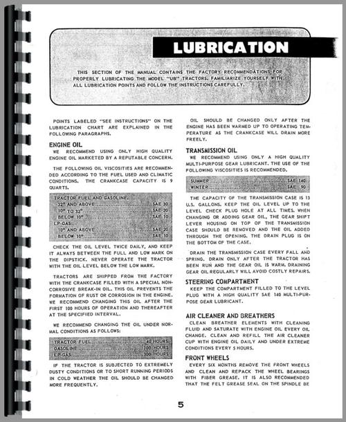 Operators Manual for Minneapolis Moline UB Tractor Sample Page From Manual