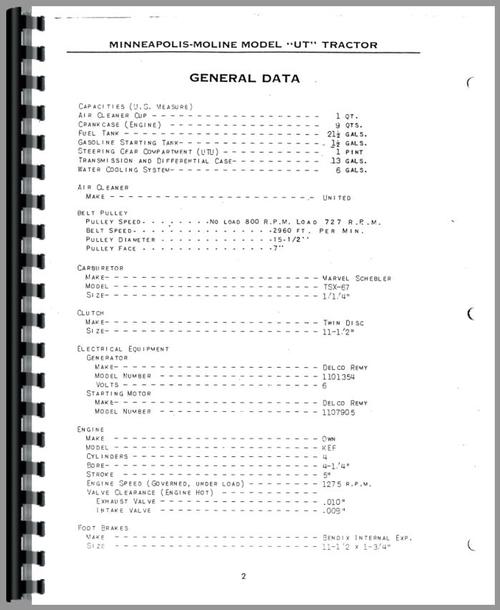 Service Manual for Minneapolis Moline UTS Tractor Sample Page From Manual