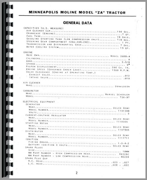 Operators Manual for Minneapolis Moline ZAN Tractor Sample Page From Manual