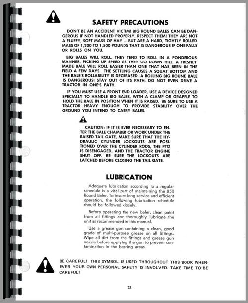 Operators Manual for New Holland 850 Baler Sample Page From Manual