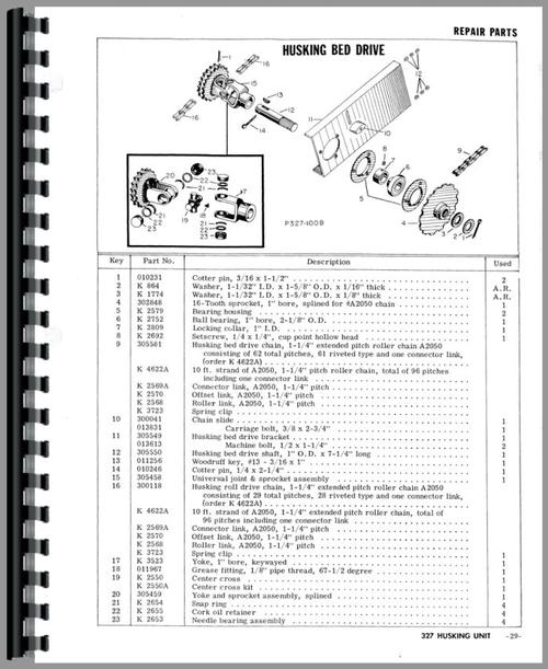 Operators & Parts Manual for New Idea 327 Husking Unit Sample Page From Manual