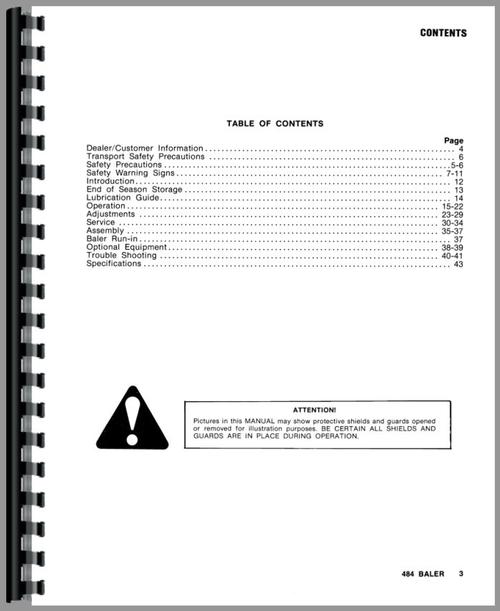 Operators Manual for New Idea 484 Round Baler Sample Page From Manual