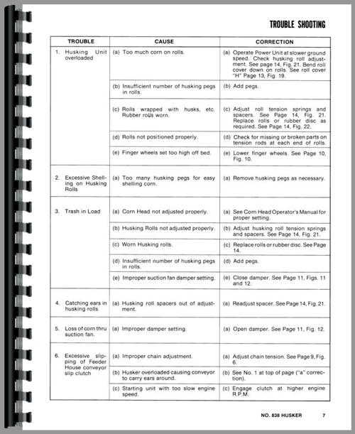 Operators Manual for New Idea 838 Husking Unit Sample Page From Manual