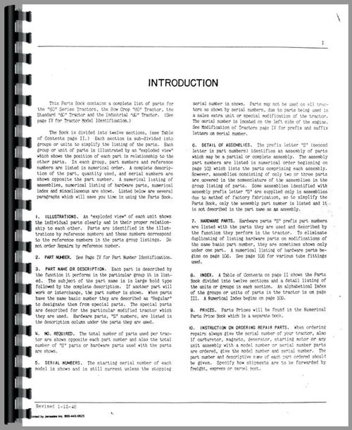 Parts Manual for Oliver 60 Tractor Sample Page From Manual