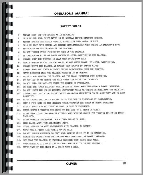 Operators Manual for Oliver 66 Tractor Sample Page From Manual
