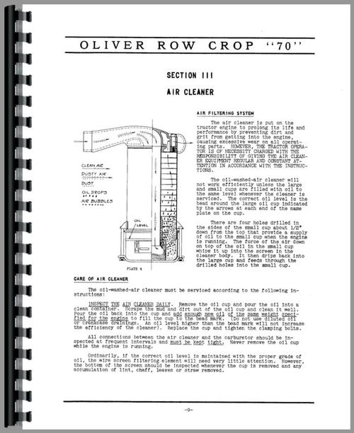 Operators Manual for Oliver 70 Tractor Sample Page From Manual