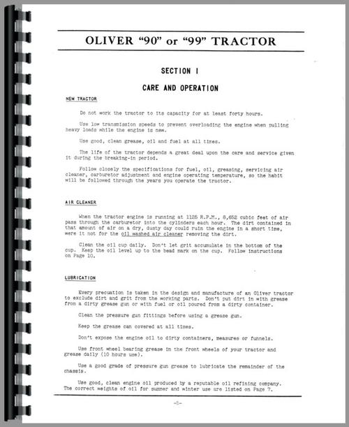Operators Manual for Oliver 90 Tractor Sample Page From Manual