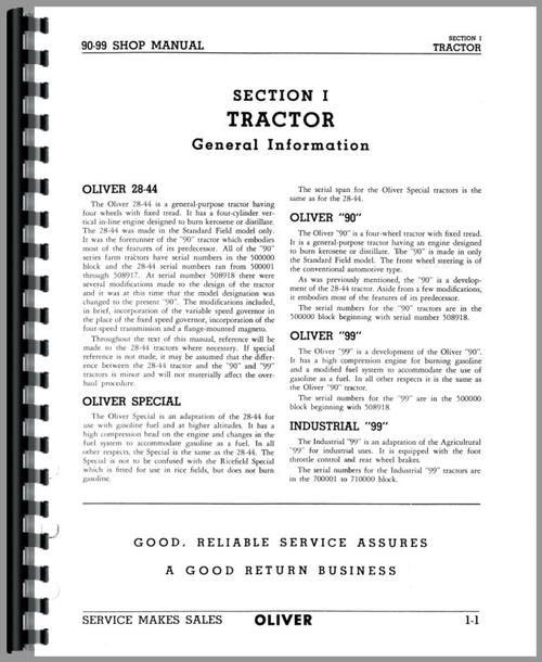 Service Manual for Oliver 99 Tractor Sample Page From Manual