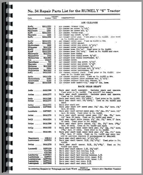 Parts Manual for Rumely 6-A Oil Pull Tractor Sample Page From Manual