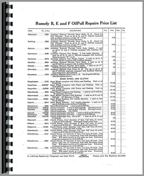 Parts Manual for Rumely B Oil Pull Tractor Sample Page From Manual