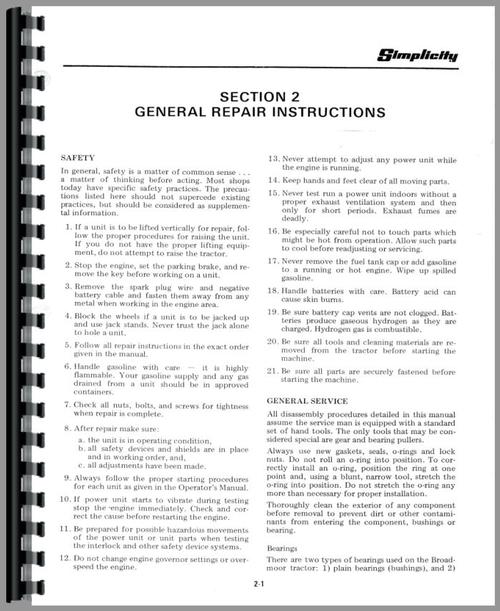Service Manual for Simplicity BROADMOOR Lawn & Garden Tractor Sample Page From Manual