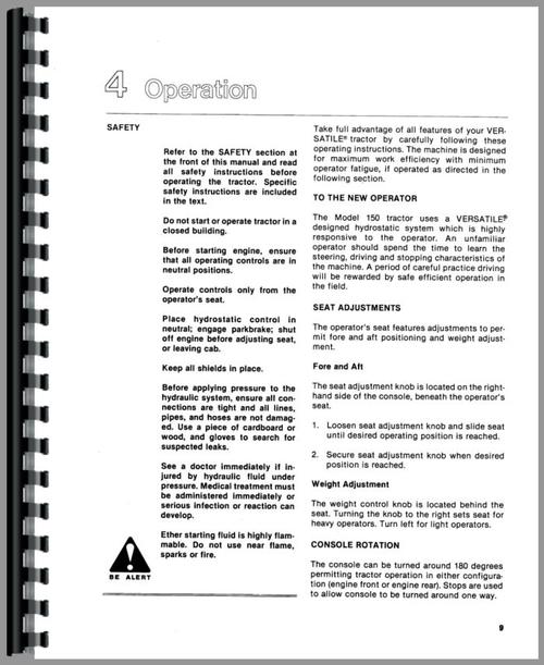 Operators Manual for Versatile 150 Tractor Sample Page From Manual