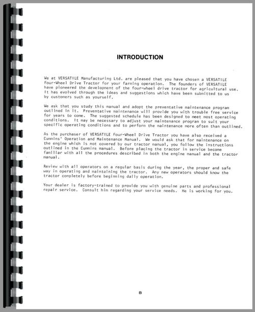 Operators Manual for Versatile 850 Tractor Sample Page From Manual